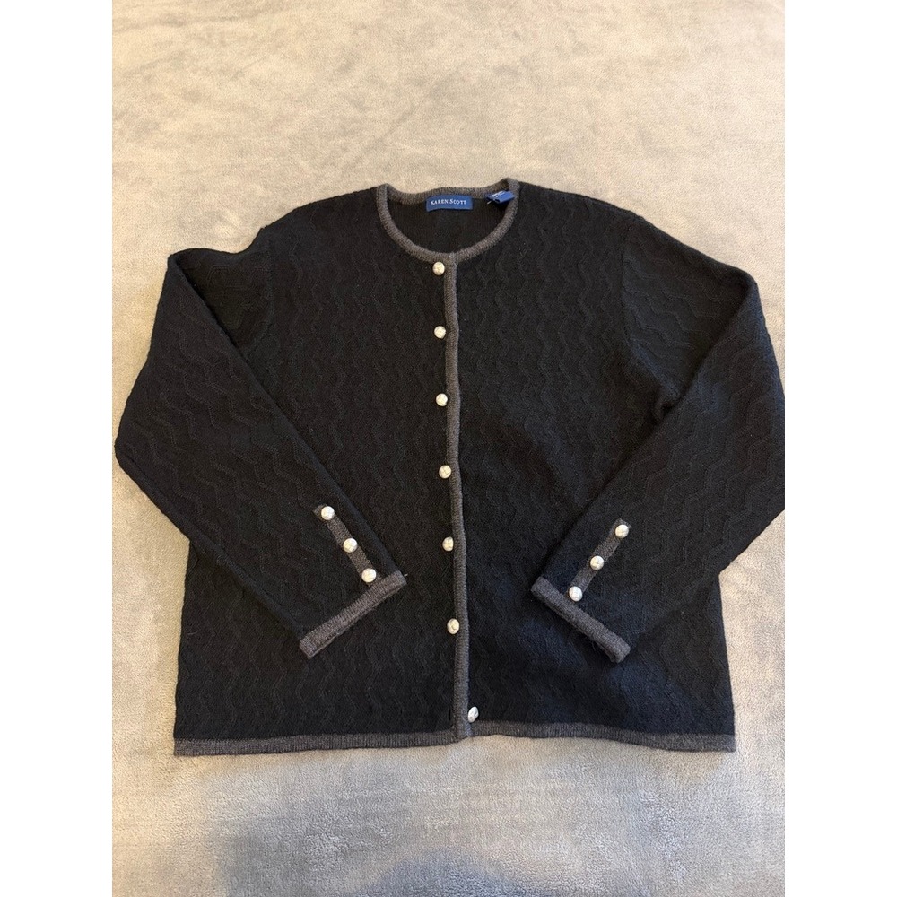 Karen Scott Black Textured Wool Cardigan Sweater Silver Button‎ Accents Size L